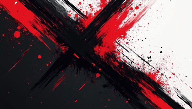 Abstract background featuring bold black and red geometric shapes. White space allows graphic design usage. Splashes, brush strokes texture. Artistic design for modern website, poster, banner.