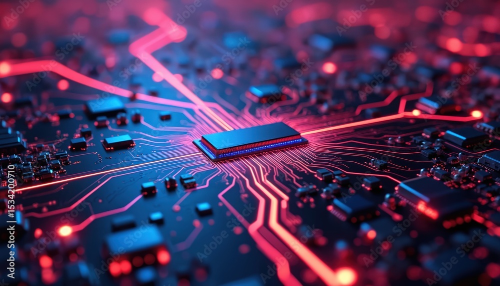 Poster close-up of vibrant circuit board with red, blue neon lights. advanced tech, computing, data transmi