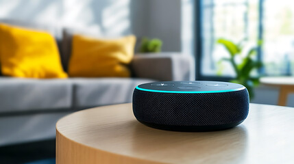 Smart speaker on a wooden table in a modern living room