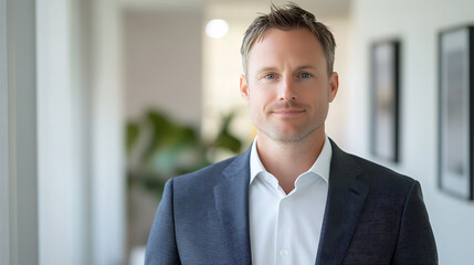 Professional Man in Suit Standing in Modern Office Corridor