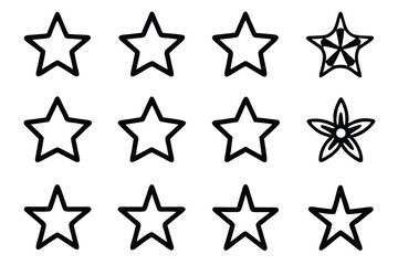 Fototapeta premium Collection of various black outlined star shapes and floral star designs on a white background