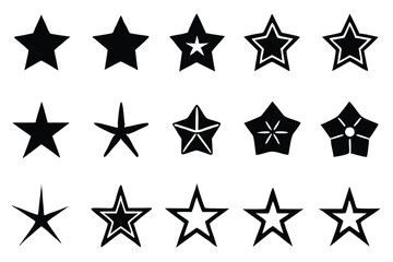 Collection of various black star shapes and outlines isolated on a white background