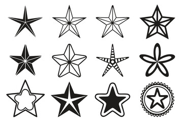 Obraz premium Diverse collection of black and white star vector illustrations for creative graphic design projects