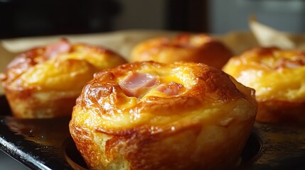Savory Delight: Close-Up of Freshly Baked Ham and Cheese Buns on Baking Tray