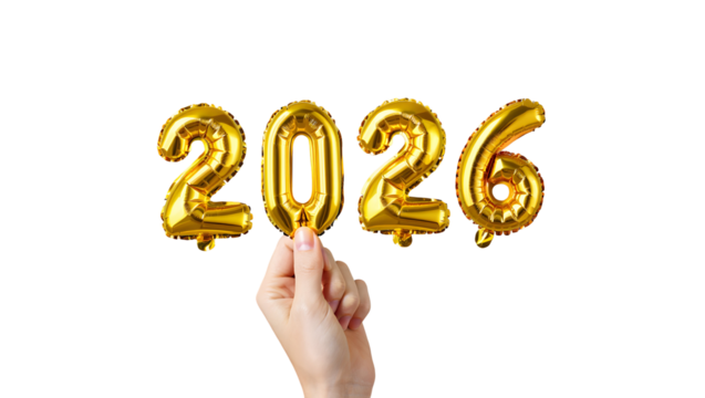 Gold Number Balloons 2026 Held by a Hand Against Black Background New Year Celebration Festive Decoration 2026 P N G Download isolated on a transparent background - Powered by Adobe