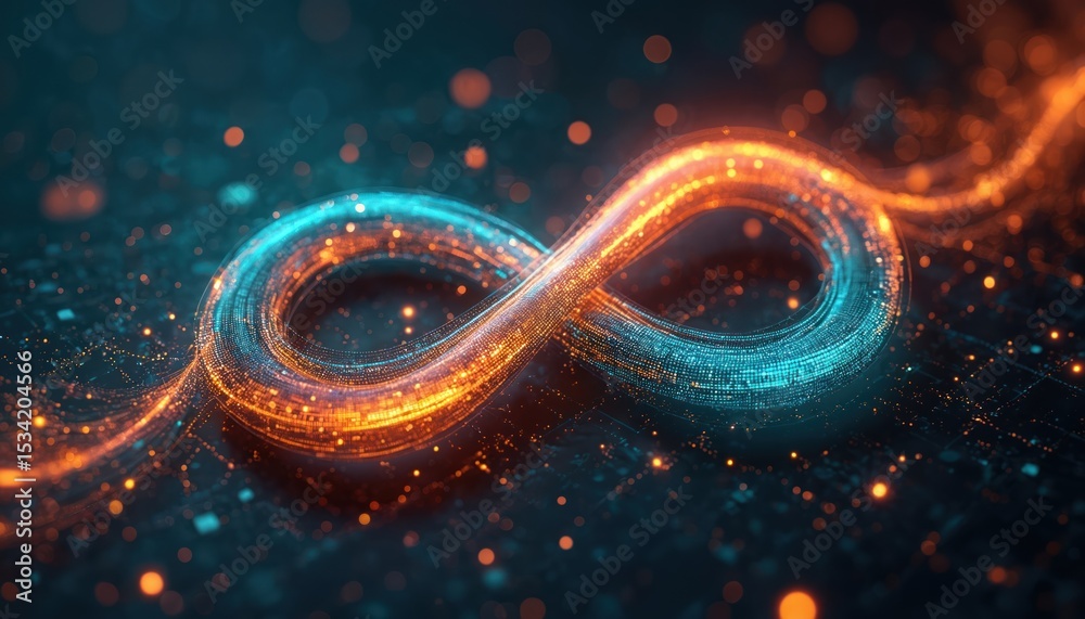 Aufkleber Illustration featuring infinity symbol formed by glowing digital data streams. Blue, orange colors. Concept of software engineering DevOps, data processing, cloud computing, development, modern