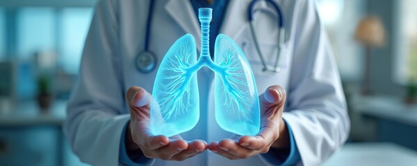 Doctor in medical lab holds a glowing 3D lung model. X-ray vision of the lung. Healthcare, medicine, science concept. Pneumology, pulmonology, respiratory system, diseases. Healthcare pro.