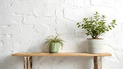 Small Green Potted Plant on Light Wooden Shelf Against Textured White Wall &ndash; Minimal Interior Decor Scene

