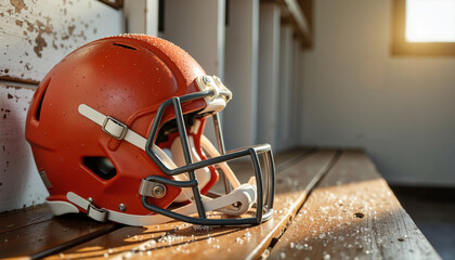 Football orange helmet resting on wooden bench in locker room with sunlight  
