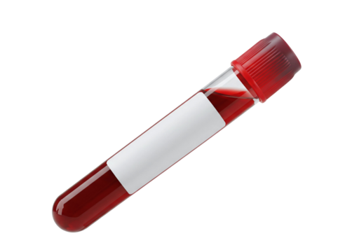 Blood sample tube with blank label isolated on transparent background