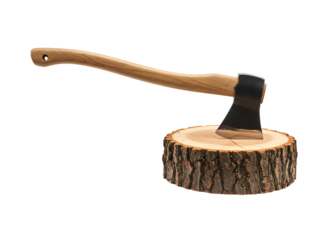 Axe in wood log isolated on transparent background