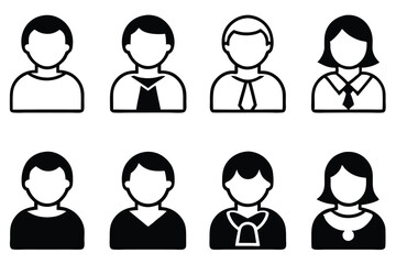 Vector illustration of various male and female avatar icon designs in black and white