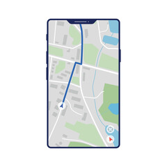 Phone map UI app. Mobile application with route location and direction. Satellite map view with roads and route. Smartphone navigation interface of GPS app. Vector city map app.