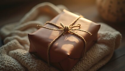 Brown wrapped gift box tied with twine on a knitted throw blanket