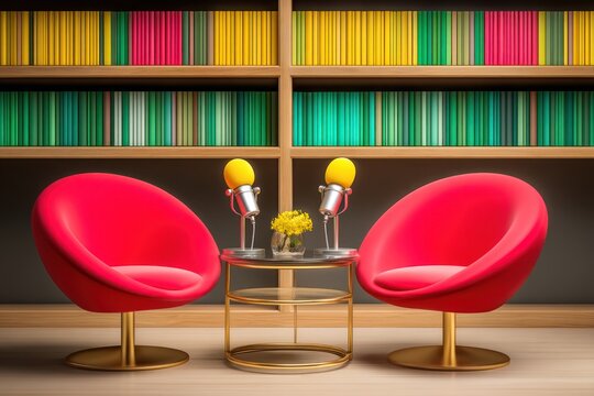 Podcast Studio Setup with Two Red Chairs and Colorful Bookshelf
