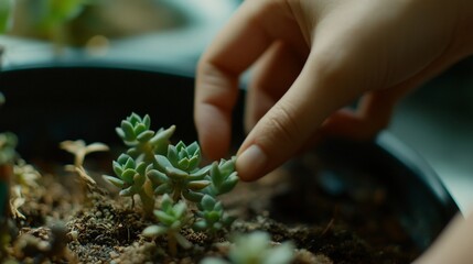 Close-up of a hand tending to a small succulent arrangement in a pot