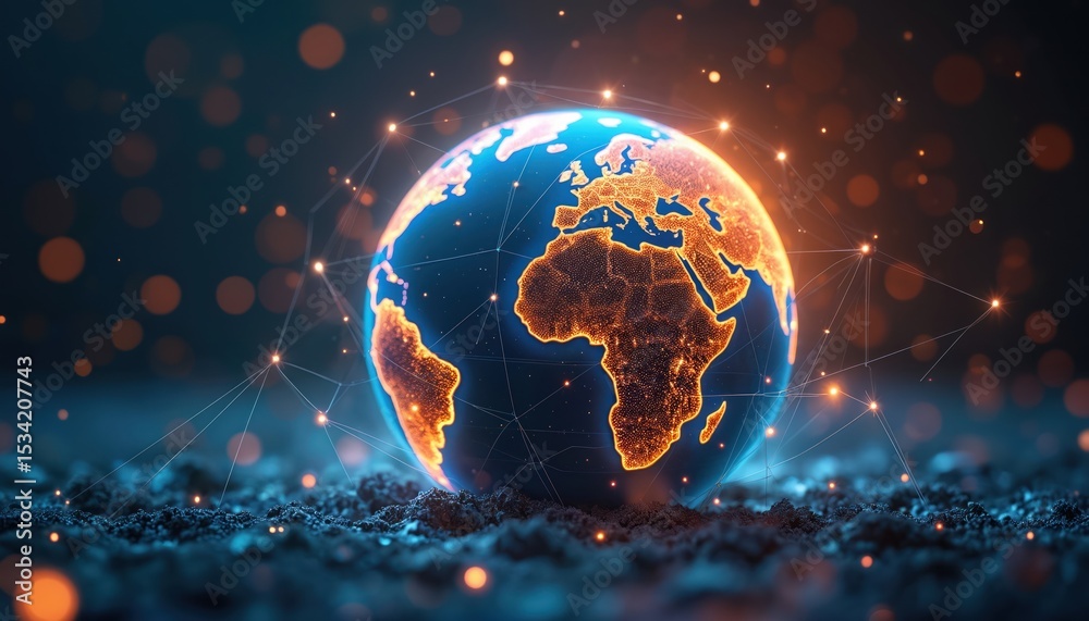 Poster Illuminated digital globe global connectivity. Futuristic world network representing global communication, innovation, cyberspace. Perfect background image for tech projects, business concepts. World