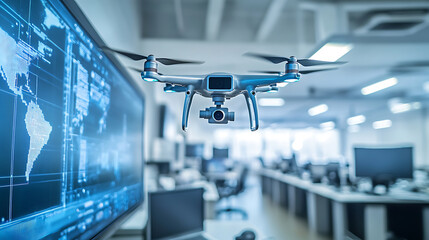 Drone Hovering in a High-Tech Monitoring Room with Large Display Screens