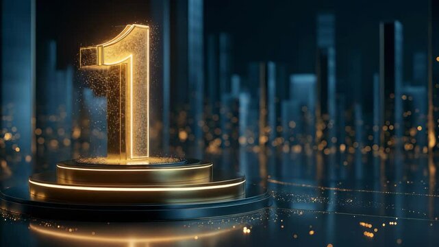 Golden Number One Trophy on Blue Tones Background. Ideal for Achievement Awards, Success Celebrations and Corporate Victory Designs. Video