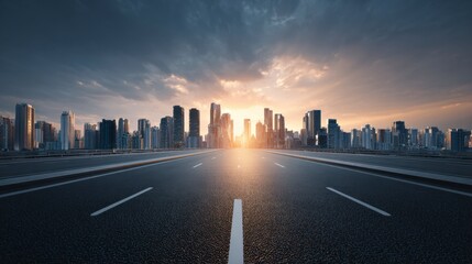 Fototapeta premium Cityscape Highway: Dramatic Sunset Over Modern Skyline