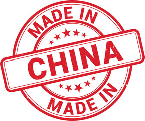 Made in China red grunge round stamp,sign, logo, badge, icon, sticker, label, emblem, stamp, symbol, black, line, flat vector, isolated illustration.