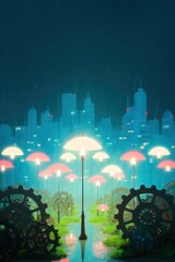 Fototapeta premium Rainy Night Cityscape with Glowing Umbrellas and Gears