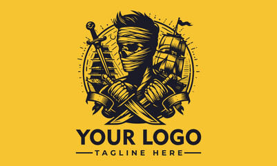 Intricate illustration of a rugged pirate figure with a classic hat, crossed swords, and a majestic sailing ship in the background. Maritime adventure concept