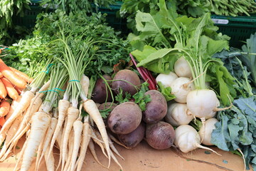 Fresh vegetables close up on the market in Loulé, Portugal  