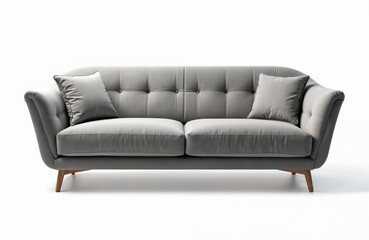 Fototapeta premium Gray modern sofa with pillows isolated on white background. Comfortable couch home interior, furniture design. Soft grey fabric with wooden legs. Living room decoration.