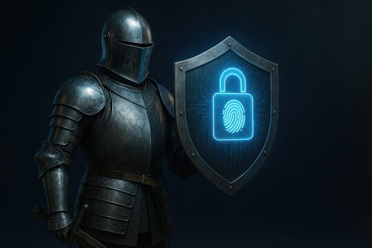 Medieval knight in polished steel armor holding large shield with glowing neon blue holographic lock and embedded fingerprint scanner, blending traditional protection with modern cyber security