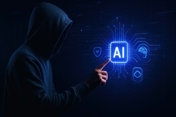 Person in hoodie using laptop with fully visible screen and keyboard, interacting with glowing artificial intelligence holographic interface on dark digital background