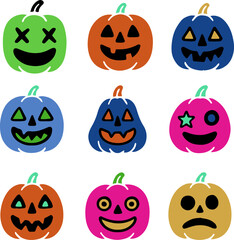Cute and spooky pumpkins in a naive modern style with bright colors and neon accents. Perfect for Halloween cards, kids design, decorations, and seasonal creative projects.	