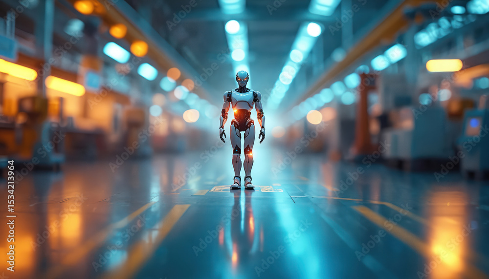 Aufkleber Futuristic industrial interior with robot in center. Factory automation concept, robotics. Robot stands on factory floor, surrounded by light, futuristic tech. Automation, modern production,
