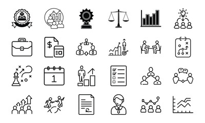 Line art icons related to business, finance, teamwork, strategy, success, management, agreement, and the essential package of business elements.