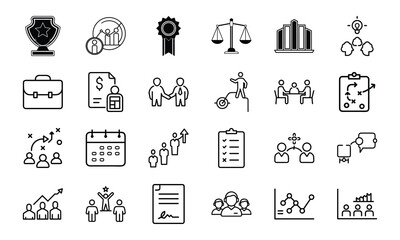 Collection of business icons and elements representing teamwork and strategy for a marketing package