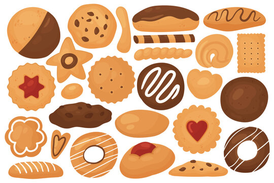 Cookies sweet food set, bakery production or homemade vector illustration. Cartoon dessert pastry product collection with tasty round cakes, cookie with chocolate or icing decoration isolated on white