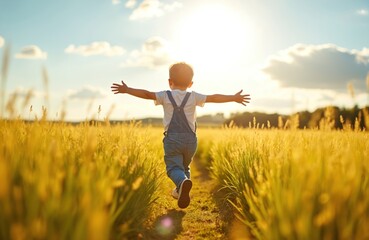 Young child runs in yellow meadow on sunny summer day with open arms. Back view of happy kid enjoying freedom. Bright sunlight, blue sky, golden field background. Childhood dreams, carefree happiness.