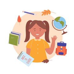 Back to school concept with happy girl student vector illustration. Cartoon avatar profile portrait of young schoolgirl character standing with smile and stationary for schooling, education background