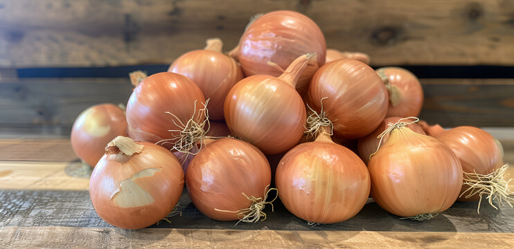 Świeże cebule ż&oacute;łte ułożone w stos na drewnianym stole &ndash; zdrowe warzywa z gospodarstwa, naturalna żywność z uprawy