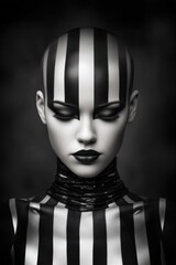 Conceptual monochrome portrait of bald model with vertical black and white face and body paint, closed eyes, and stylized dark clothing