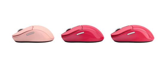 A trio of computer mice in varying shades of pink, designed for ergonomic use and enhancing user experience.