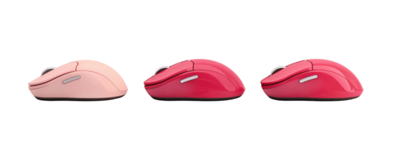 A trio of computer mice in varying shades of pink, designed for ergonomic use and enhancing user experience.