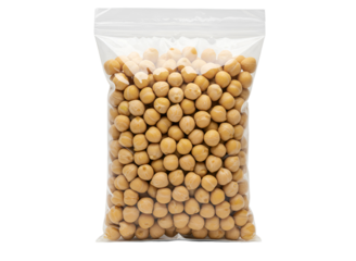 Dried chickpeas in clear plastic bag isolated on transparent background