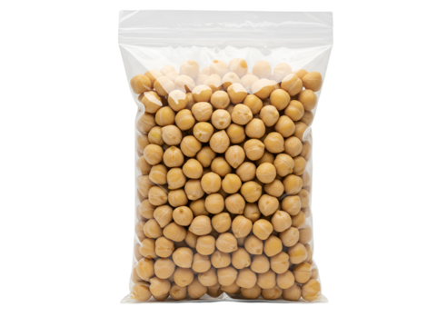 Dried chickpeas in clear plastic bag isolated on transparent background