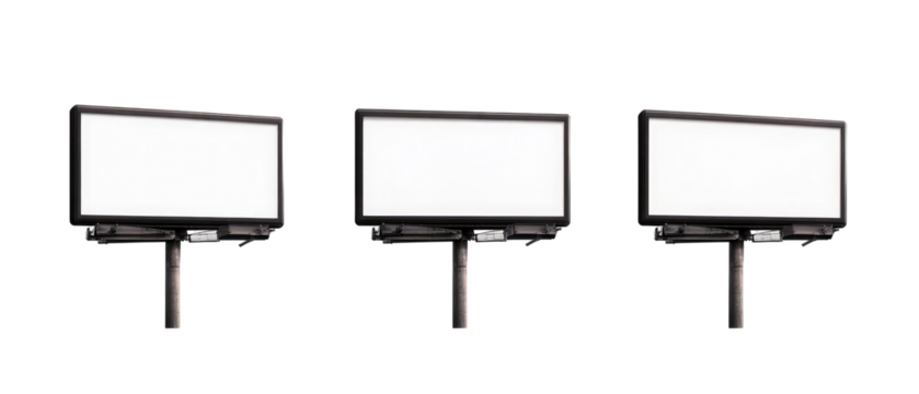 A series of three blank billboards on poles, ready for advertisements or promotions.