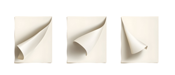 A series of three sheets of paper with curled edges, showcasing a clean and minimalistic design ideal for presentations or creative projects.