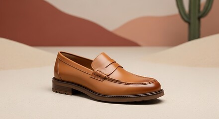 Naklejka premium Elegant brown penny loafer shoe with desert inspired background and soft lighting