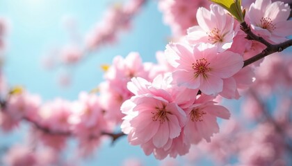 Blooming pink sakura flowers against a blue-turquoise background. Cherry blossom branch, delicate petals with vibrant hues creating serene picturesque scene. Spring season, nature beauty background.