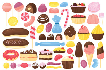 Sweet dessert set, confectionery or kids cafe food menu vector illustration. Cartoon shugar snack collection with chocolate cake, ice cream, donut , cupcake and lollipop candy jelly isolated on white