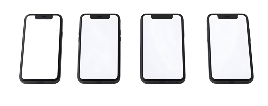 A collection of four smartphones displayed side by side, all featuring blank screens, suggesting a focus on technology or mobile device design.